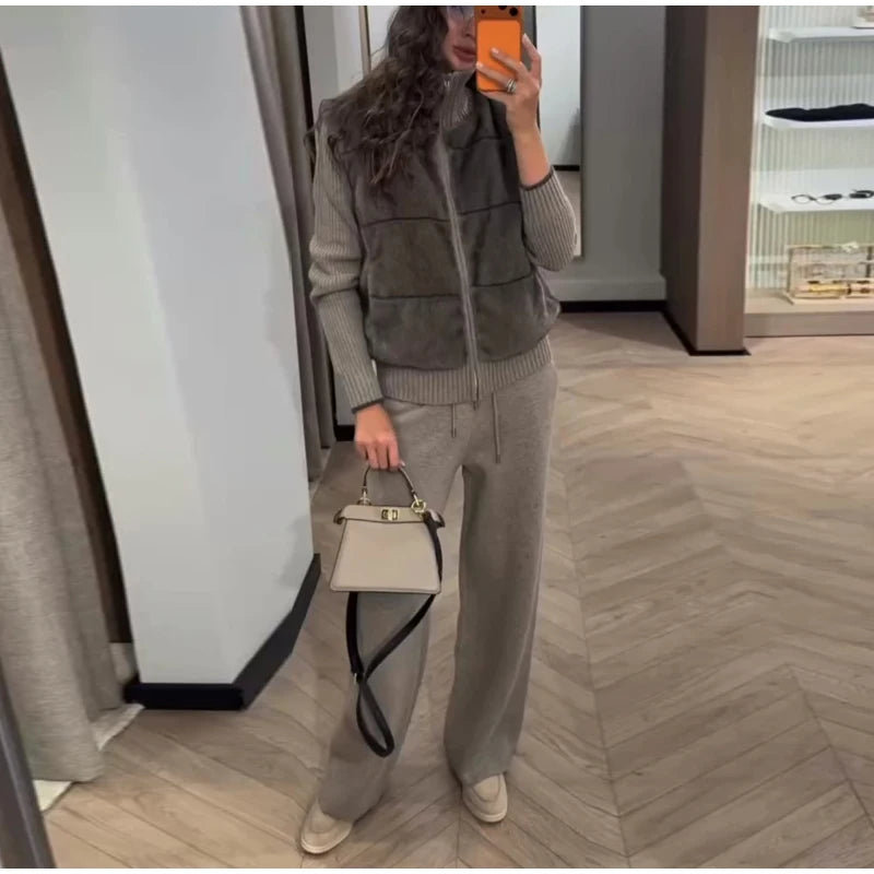 Fashion Faux Fur Two-Piece Outfit Women's Solid Full Sleeve Turtleneck Coats Loose Pants 2026 Spring New Lady Casual Streetwear