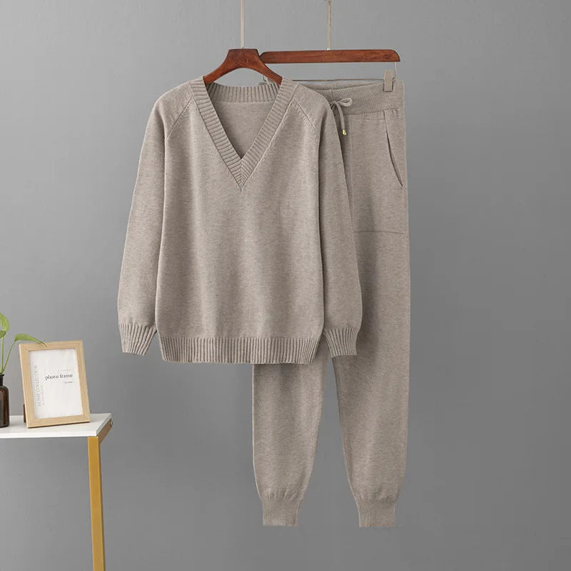 Korean Solid Knitted 2 Piece Sets Women V-neck Knitwears Sweater Pullover Tops Conjuntos Casual High Waist Harem Pants Outfit