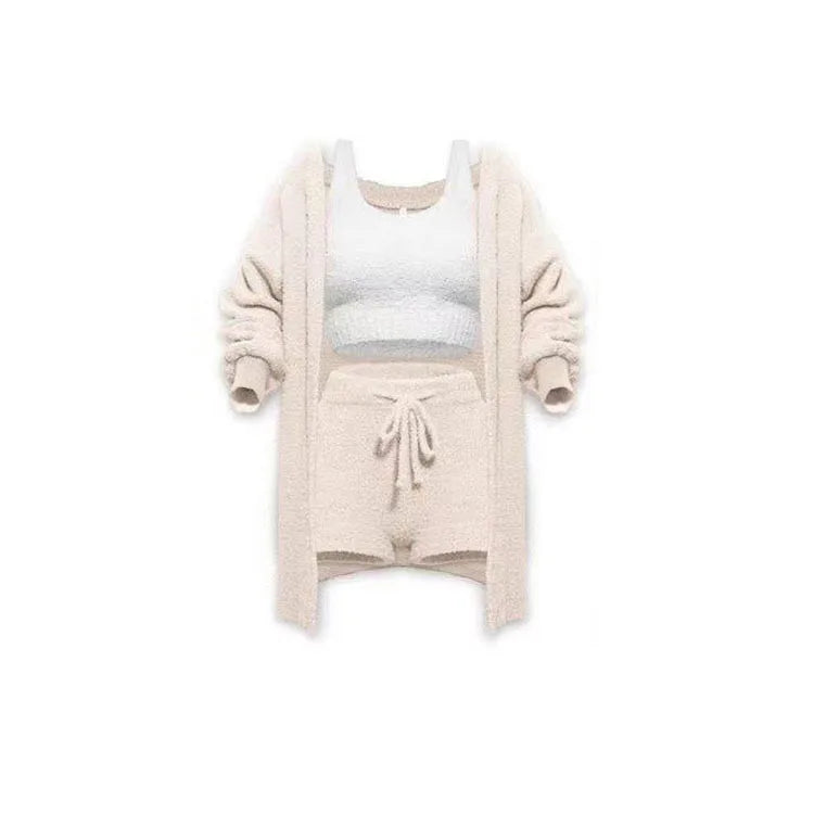 Four Pcs Sets Casual Cropped Tank Tops&High Elastic Drawstring Shorts&Long Sleeve Fleece Knitted Cardigan Coats&Full Trousers