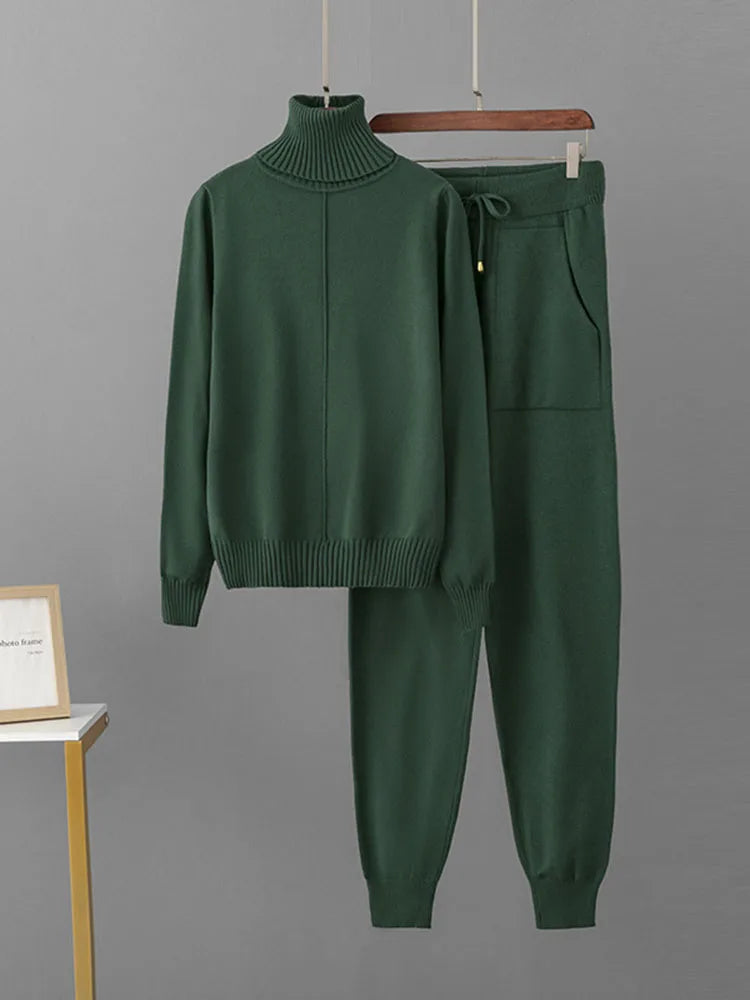 Candy Color Knitted 2 Piece Sets Women Turtleneck Knitwears Sweater Pullover Tops Conjuntos High Waist Casual Harem Pants Outfit