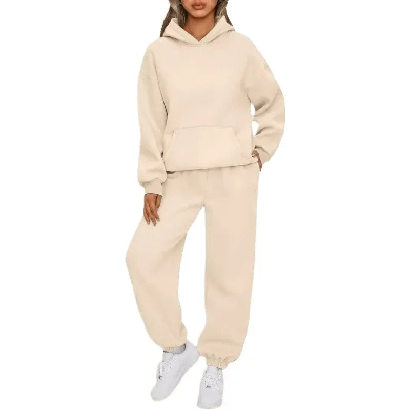 Women's Casual Hoodie And Loose Pants Two-Piece Set Sportswear Polyester Fiber Fashionable Autumn Winter Outfit Combo