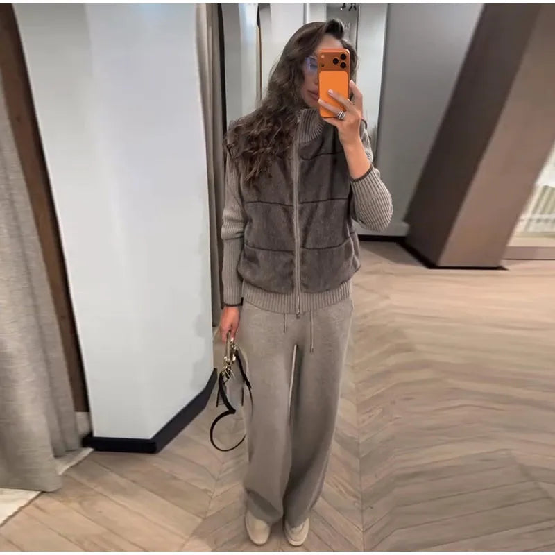 Fashion Faux Fur Two-Piece Outfit Women's Solid Full Sleeve Turtleneck Coats Loose Pants 2026 Spring New Lady Casual Streetwear