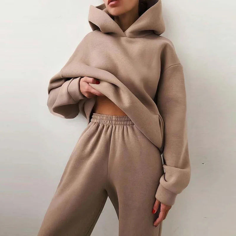 Fall Winter Large Size Casual Fleece Long Sleeve Hoodie Pants Two Piece Set Street Style Comfortable Polyester Blend Women's...