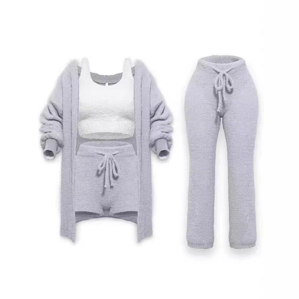 Four Pcs Sets Casual Cropped Tank Tops&High Elastic Drawstring Shorts&Long Sleeve Fleece Knitted Cardigan Coats&Full Trousers