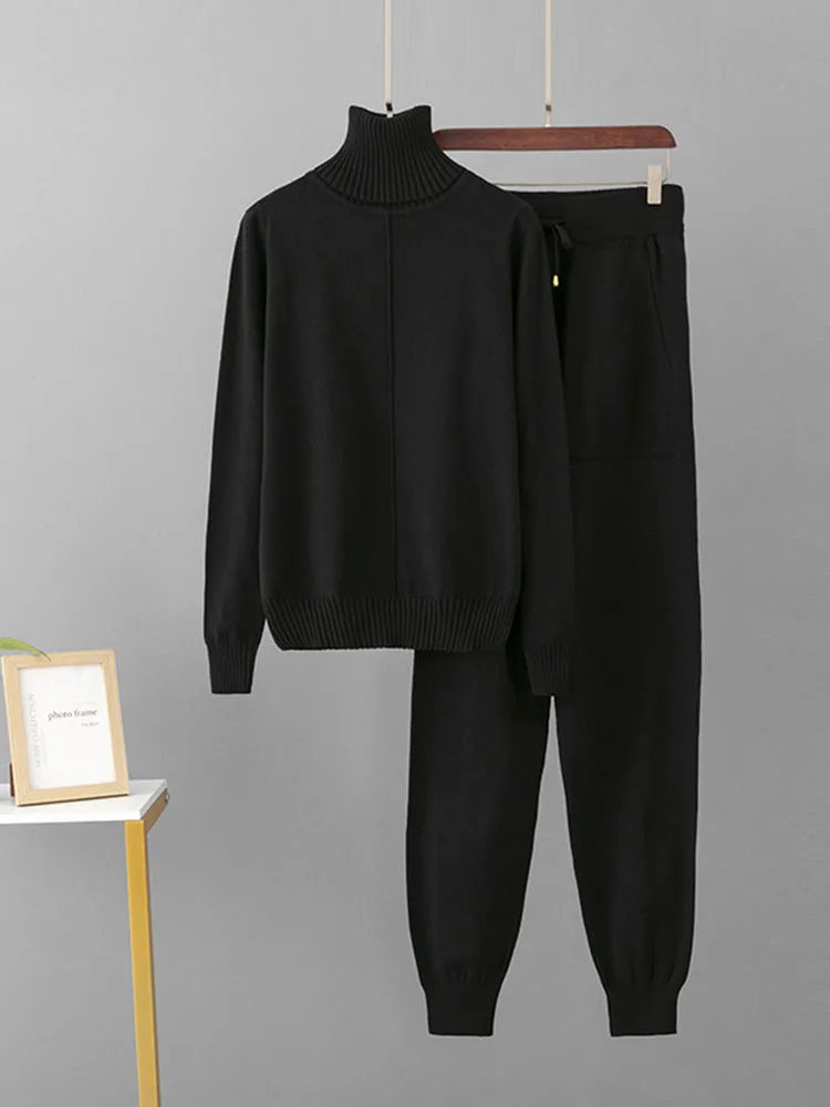 Candy Color Knitted 2 Piece Sets Women Turtleneck Knitwears Sweater Pullover Tops Conjuntos High Waist Casual Harem Pants Outfit