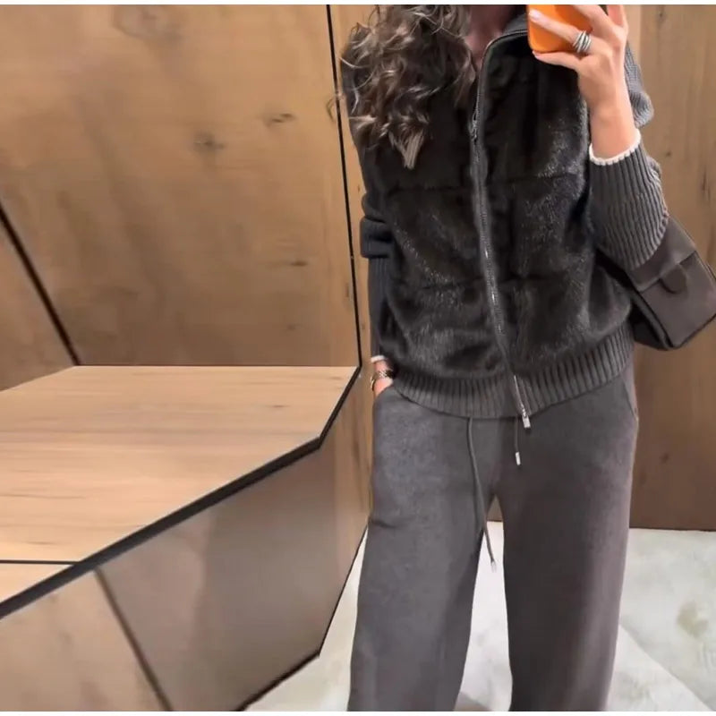 Fashion Faux Fur Two-Piece Outfit Women's Solid Full Sleeve Turtleneck Coats Loose Pants 2026 Spring New Lady Casual Streetwear