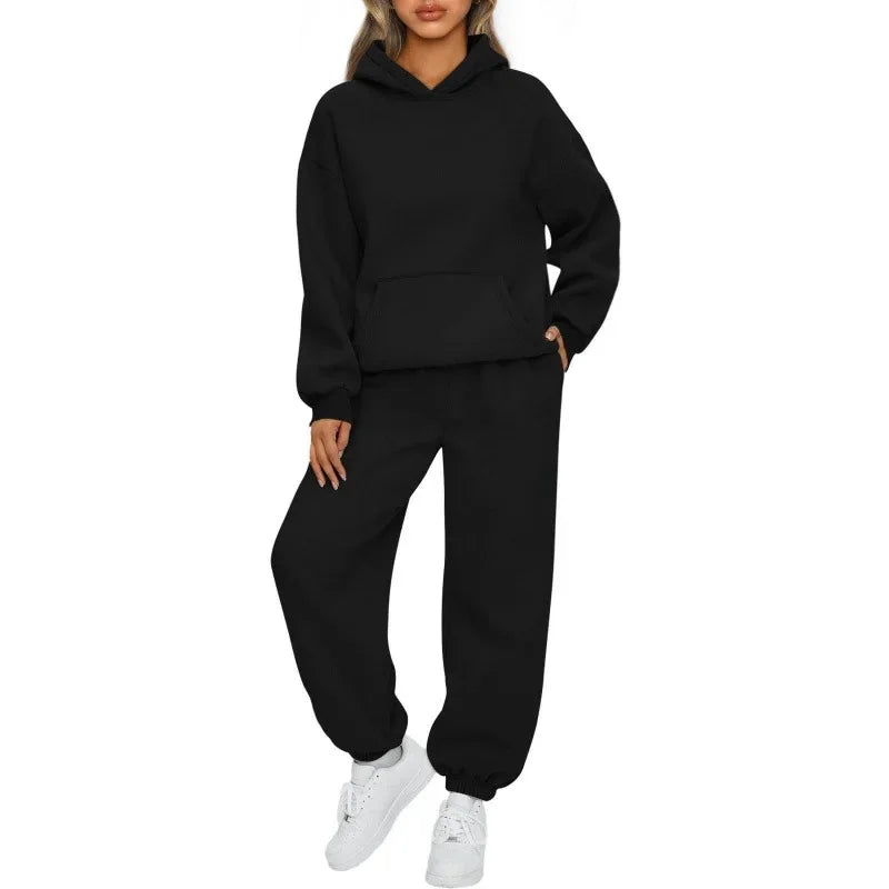 Women's Casual Hoodie And Loose Pants Two-Piece Set Sportswear Polyester Fiber Fashionable Autumn Winter Outfit Combo