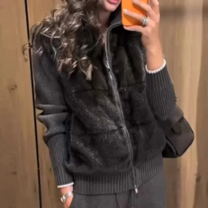 Fashion Faux Fur Two-Piece Outfit Women's Solid Full Sleeve Turtleneck Coats Loose Pants 2026 Spring New Lady Casual Streetwear