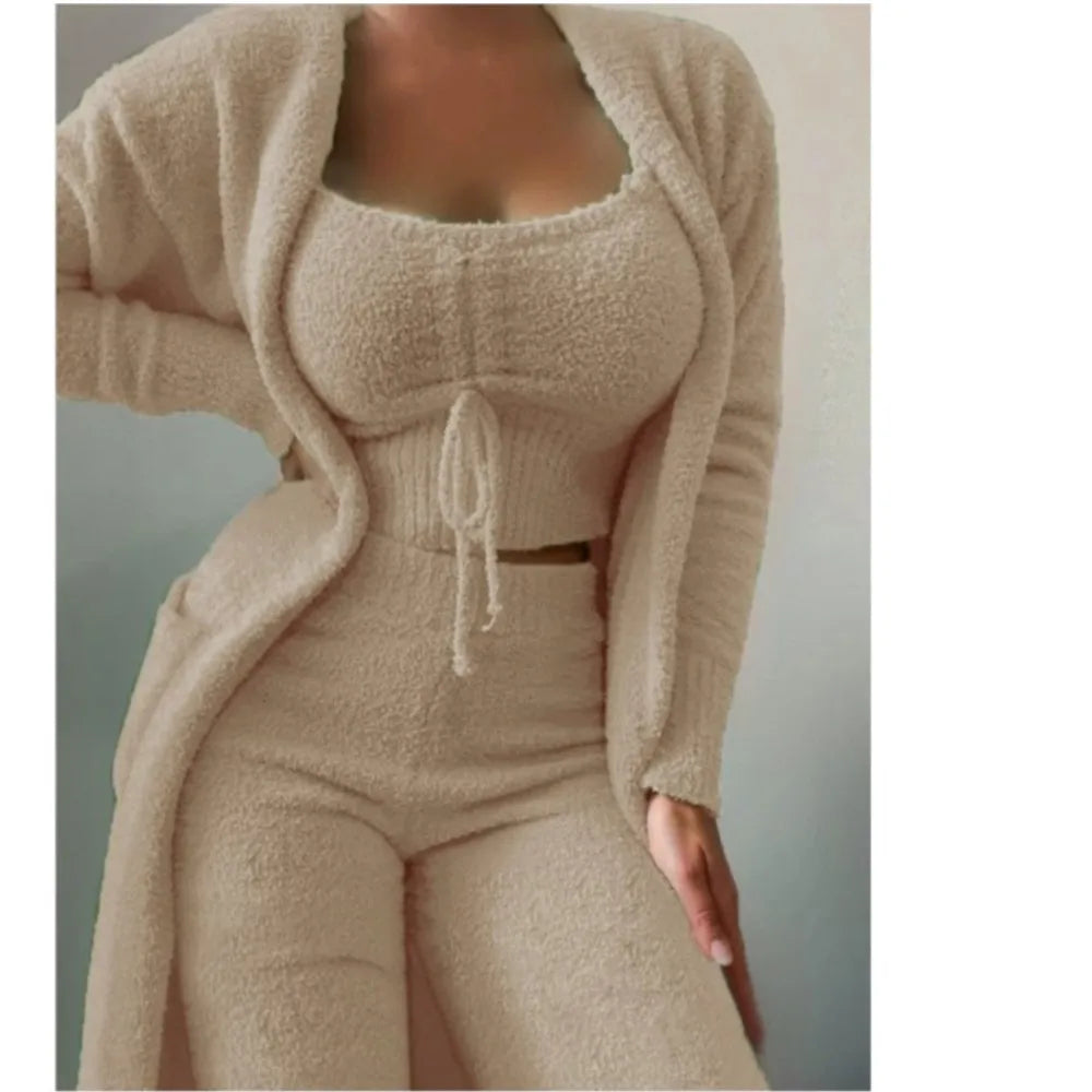 Fashion Plush Lace Up Cardigan 3 Piece Women's Trouser Set Autumn And Winter New Solid Color Asual Warm Home Wear Female Set2025