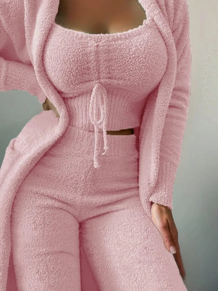 Fashion Plush Lace Up Cardigan 3 Piece Women's Trouser Set Autumn And Winter New Solid Color Asual Warm Home Wear Female Set2025