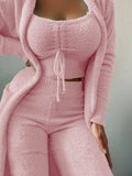 Fashion Plush Lace Up Cardigan 3 Piece Women's Trouser Set Autumn And Winter New Solid Color Asual Warm Home Wear Female Set2025