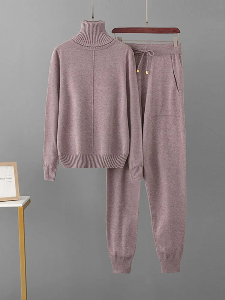 Candy Color Knitted 2 Piece Sets Women Turtleneck Knitwears Sweater Pullover Tops Conjuntos High Waist Casual Harem Pants Outfit