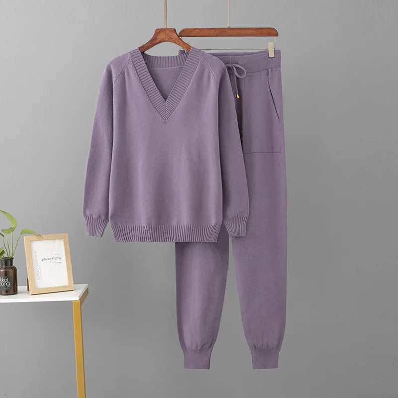 Korean Solid Knitted 2 Piece Sets Women V-neck Knitwears Sweater Pullover Tops Conjuntos Casual High Waist Harem Pants Outfit