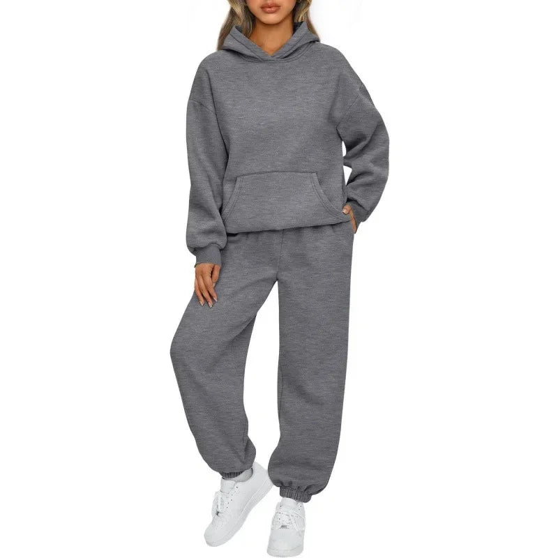 Women's Casual Hoodie And Loose Pants Two-Piece Set Sportswear Polyester Fiber Fashionable Autumn Winter Outfit Combo