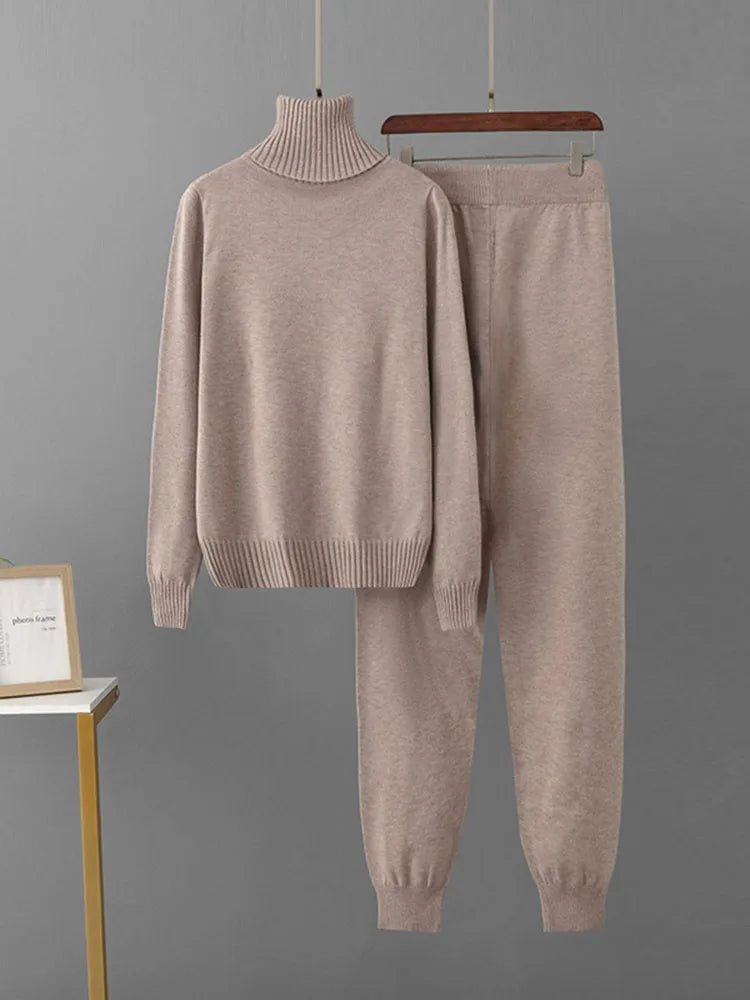 Candy Color Knitted 2 Piece Sets Women Turtleneck Knitwears Sweater Pullover Tops Conjuntos High Waist Casual Harem Pants Outfit