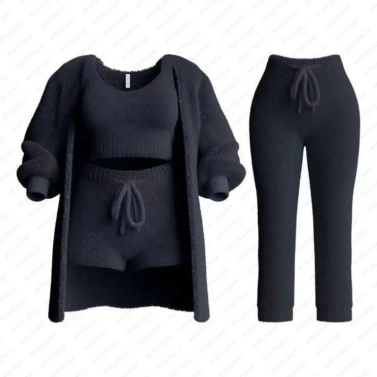 Four Pcs Sets Casual Cropped Tank Tops&High Elastic Drawstring Shorts&Long Sleeve Fleece Knitted Cardigan Coats&Full Trousers