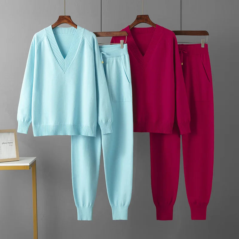 Korean Solid Knitted 2 Piece Sets Women V-neck Knitwears Sweater Pullover Tops Conjuntos Casual High Waist Harem Pants Outfit