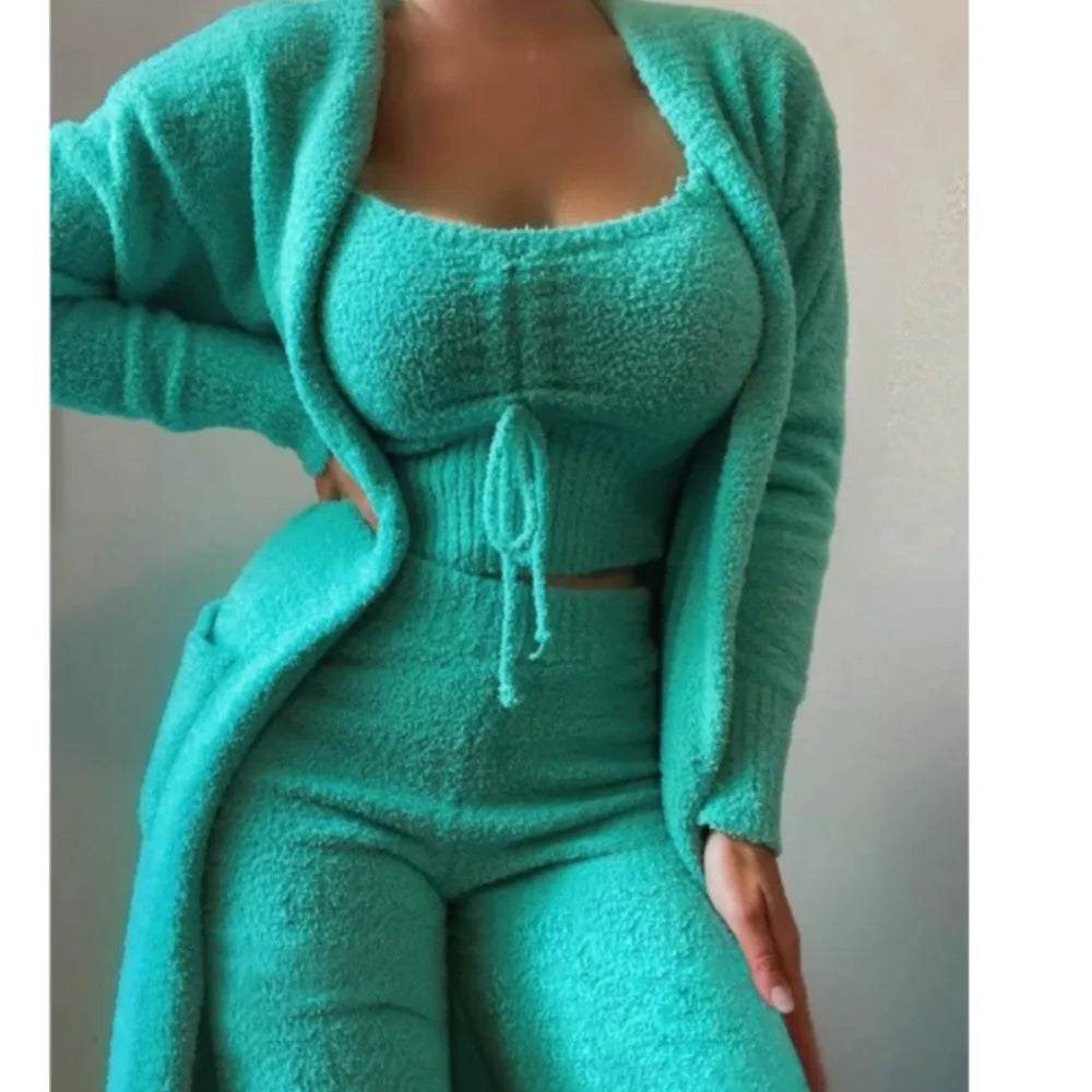 Fashion Plush Lace Up Cardigan 3 Piece Women's Trouser Set Autumn And Winter New Solid Color Asual Warm Home Wear Female Set2025