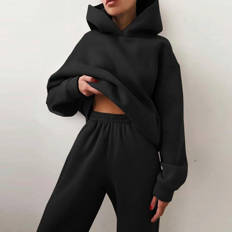 Fall Winter Large Size Casual Fleece Long Sleeve Hoodie Pants Two Piece Set Street Style Comfortable Polyester Blend Women's...