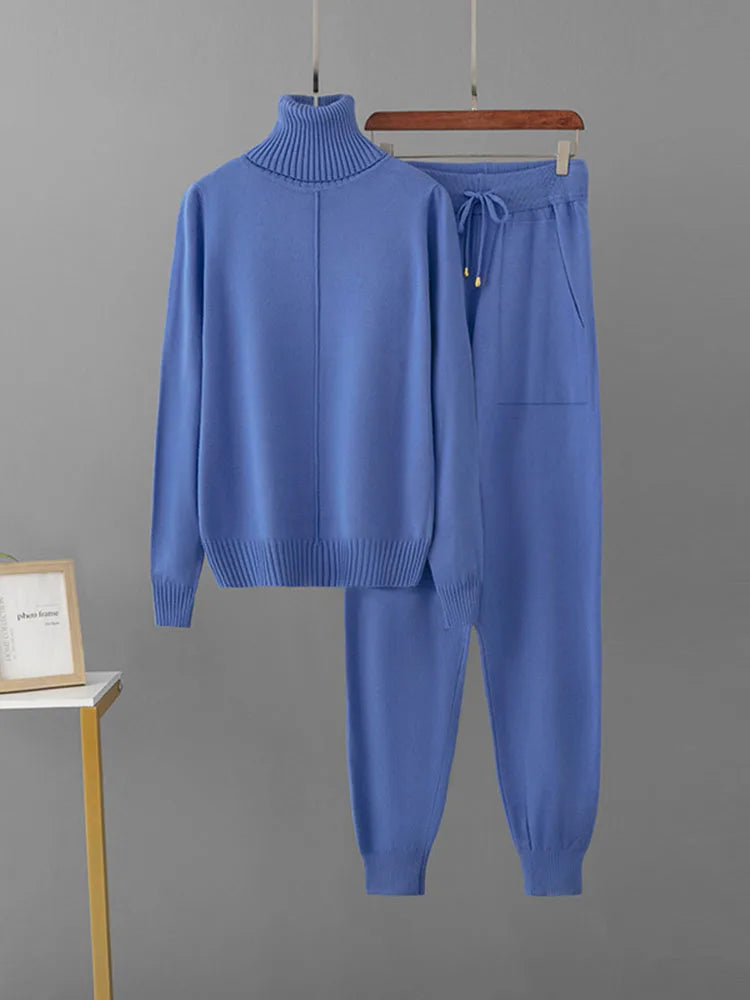 Candy Color Knitted 2 Piece Sets Women Turtleneck Knitwears Sweater Pullover Tops Conjuntos High Waist Casual Harem Pants Outfit