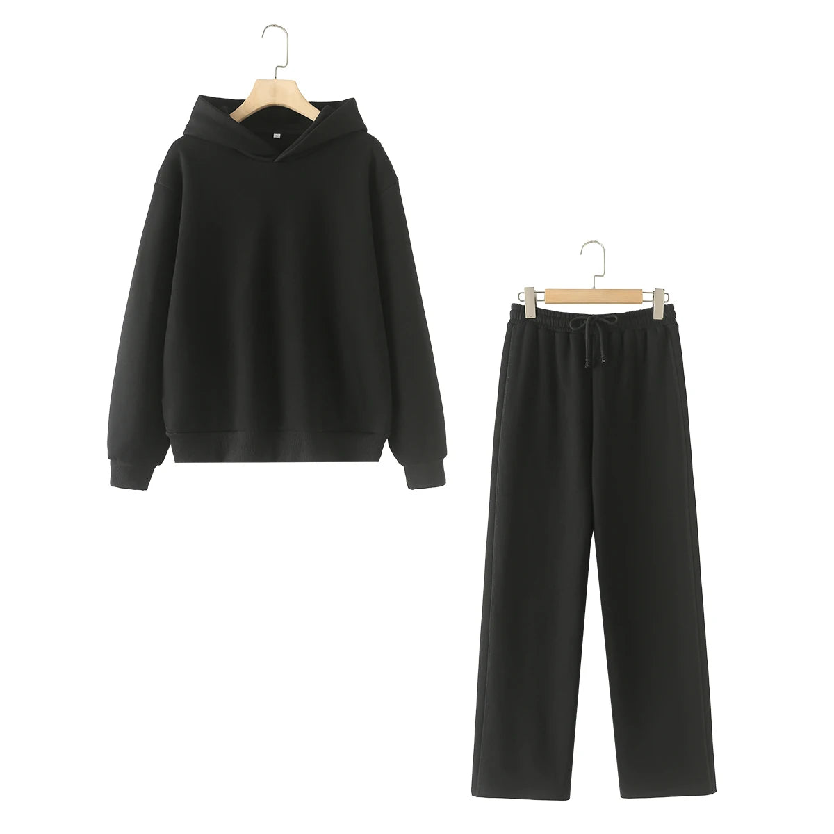 HH Women Solid Casual Sweatshirt Pant Suit Long Sleeve Hooded Fleece Pullover Coat Loose Straight Trousers Office Lady Sets