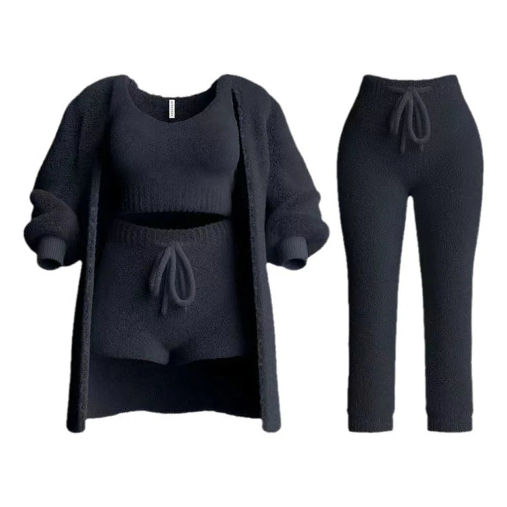 Four Pcs Sets Casual Cropped Tank Tops&High Elastic Drawstring Shorts&Long Sleeve Fleece Knitted Cardigan Coats&Full Trousers