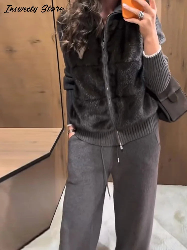 Fashion Faux Fur Two-Piece Outfit Women's Solid Full Sleeve Turtleneck Coats Loose Pants 2026 Spring New Lady Casual Streetwear