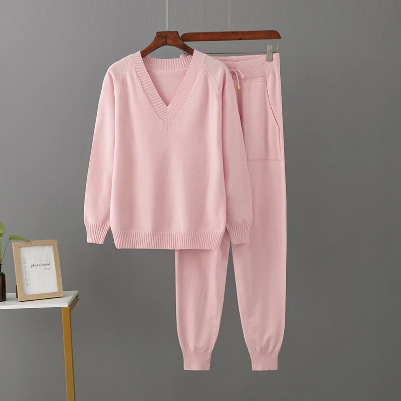 Korean Solid Knitted 2 Piece Sets Women V-neck Knitwears Sweater Pullover Tops Conjuntos Casual High Waist Harem Pants Outfit