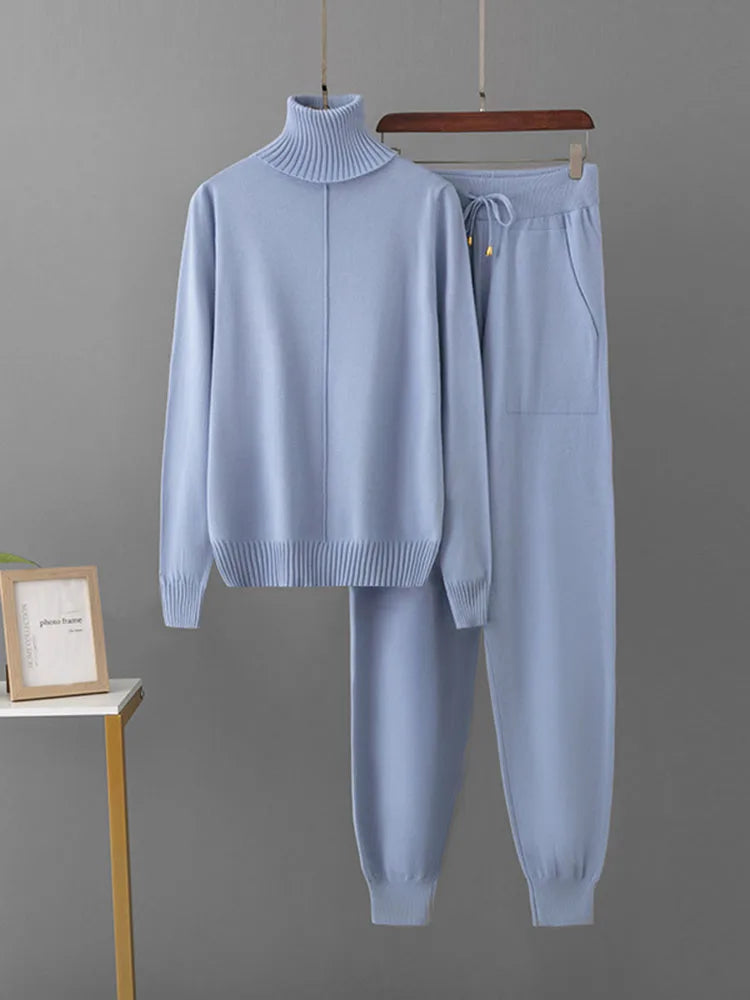 Candy Color Knitted 2 Piece Sets Women Turtleneck Knitwears Sweater Pullover Tops Conjuntos High Waist Casual Harem Pants Outfit