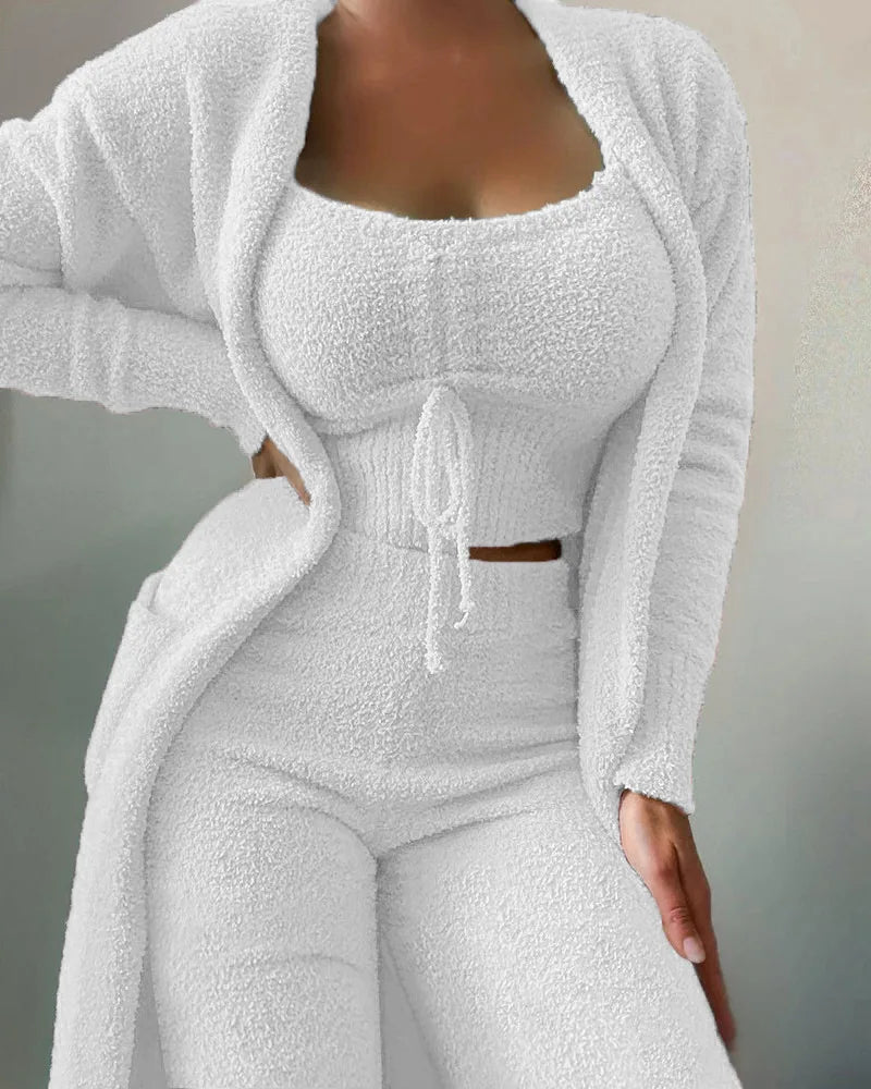 Fashion Plush Lace Up Cardigan 3 Piece Women's Trouser Set Autumn And Winter New Solid Color Asual Warm Home Wear Female Set2025