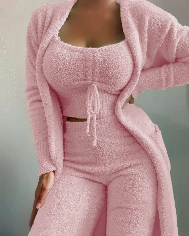 Fashion Plush Lace Up Cardigan 3 Piece Women's Trouser Set Autumn And Winter New Solid Color Asual Warm Home Wear Female Set2025