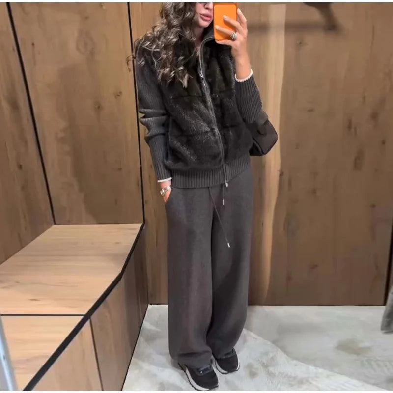 Fashion Faux Fur Two-Piece Outfit Women's Solid Full Sleeve Turtleneck Coats Loose Pants 2026 Spring New Lady Casual Streetwear
