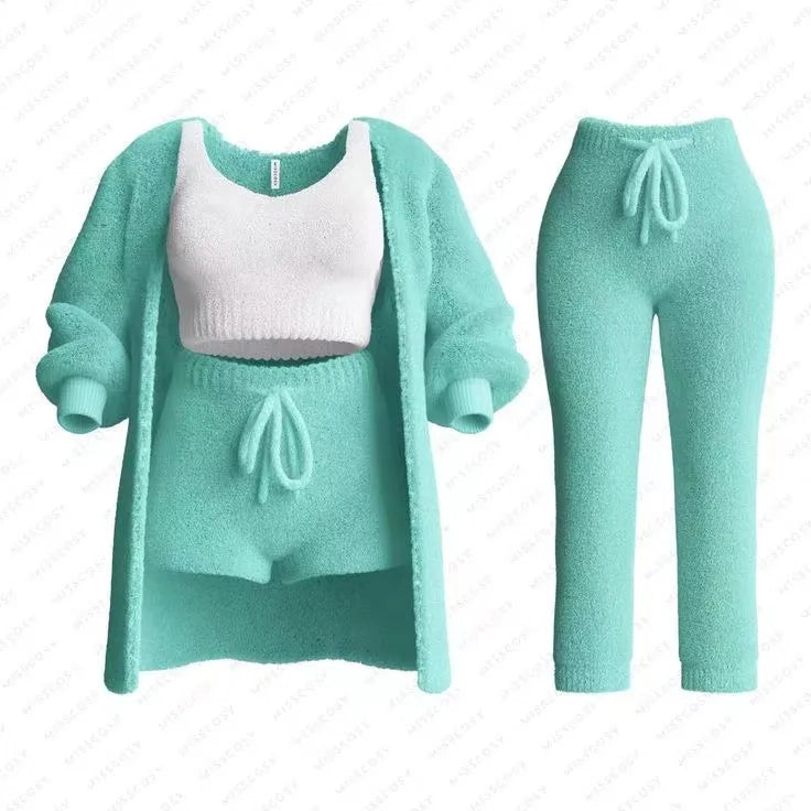 Four Pcs Sets Casual Cropped Tank Tops&High Elastic Drawstring Shorts&Long Sleeve Fleece Knitted Cardigan Coats&Full Trousers