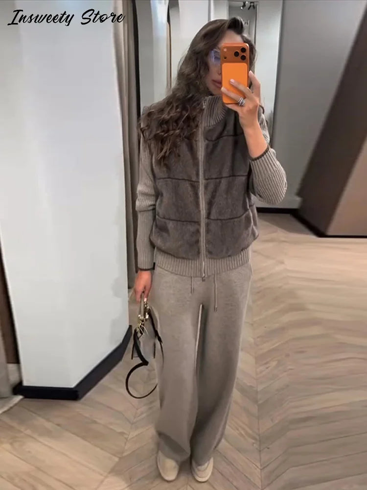 Fashion Faux Fur Two-Piece Outfit Women's Solid Full Sleeve Turtleneck Coats Loose Pants 2026 Spring New Lady Casual Streetwear