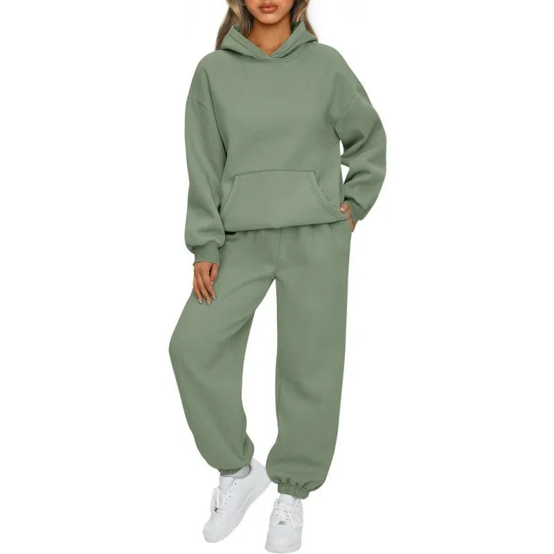 Women's Casual Hoodie And Loose Pants Two-Piece Set Sportswear Polyester Fiber Fashionable Autumn Winter Outfit Combo