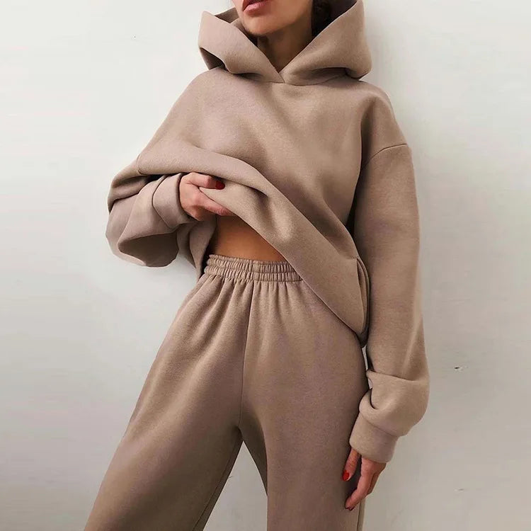 Fall Winter Large Size Casual Fleece Long Sleeve Hoodie Pants Two Piece Set Street Style Comfortable Polyester Blend Women's...