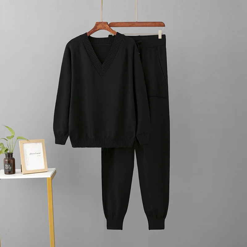 Korean Solid Knitted 2 Piece Sets Women V-neck Knitwears Sweater Pullover Tops Conjuntos Casual High Waist Harem Pants Outfit