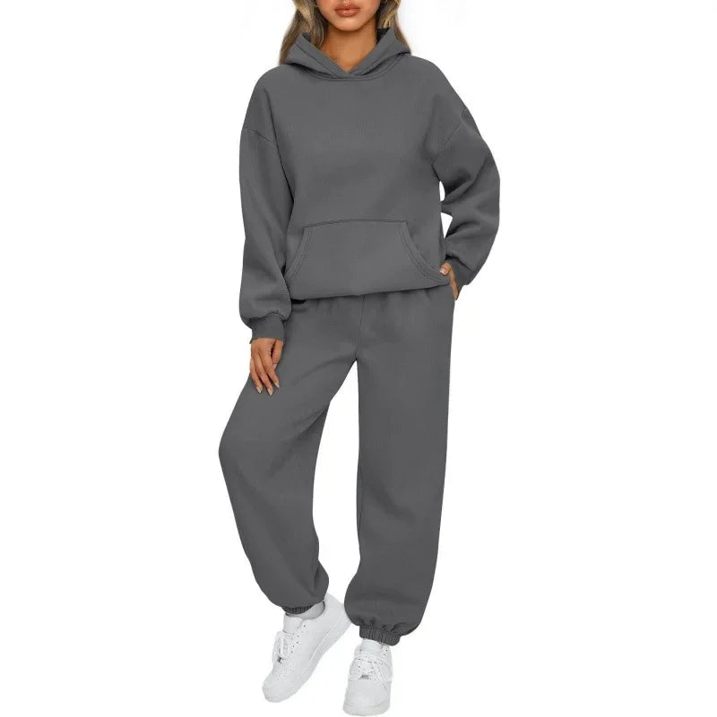 Women's Casual Hoodie And Loose Pants Two-Piece Set Sportswear Polyester Fiber Fashionable Autumn Winter Outfit Combo