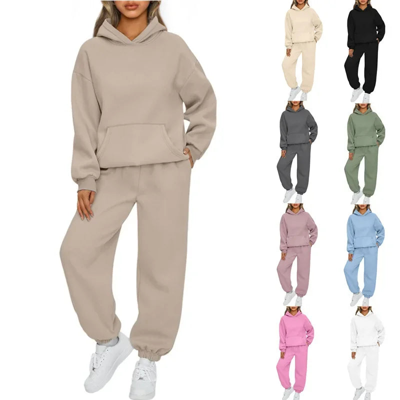 Women's Casual Hoodie And Loose Pants Two-Piece Set Sportswear Polyester Fiber Fashionable Autumn Winter Outfit Combo