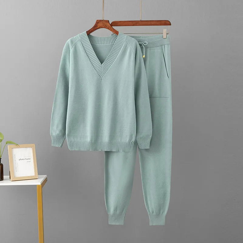 Korean Solid Knitted 2 Piece Sets Women V-neck Knitwears Sweater Pullover Tops Conjuntos Casual High Waist Harem Pants Outfit