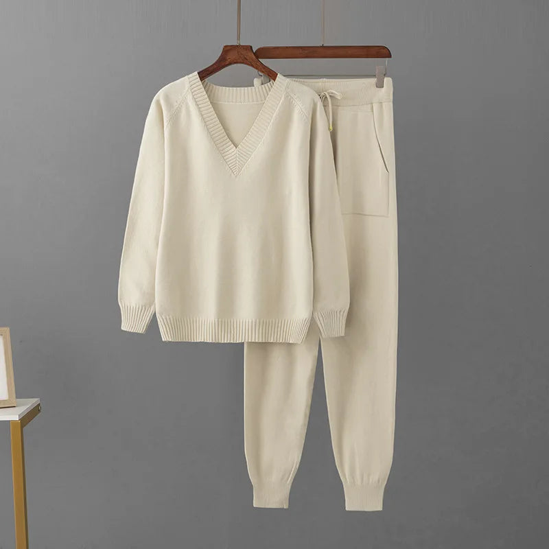 Korean Solid Knitted 2 Piece Sets Women V-neck Knitwears Sweater Pullover Tops Conjuntos Casual High Waist Harem Pants Outfit