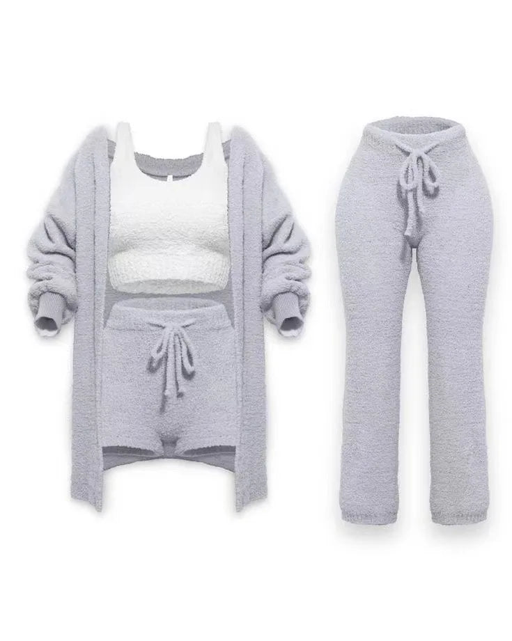 Four Pcs Sets Casual Cropped Tank Tops&High Elastic Drawstring Shorts&Long Sleeve Fleece Knitted Cardigan Coats&Full Trousers