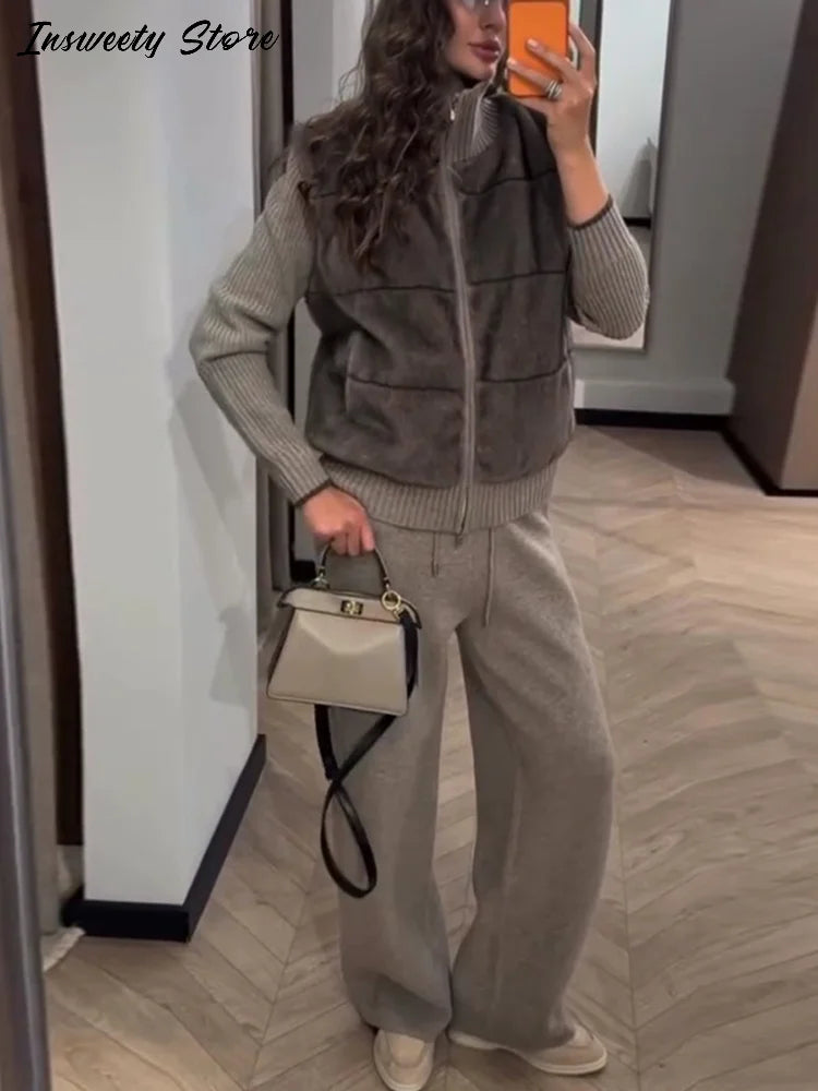 Fashion Faux Fur Two-Piece Outfit Women's Solid Full Sleeve Turtleneck Coats Loose Pants 2026 Spring New Lady Casual Streetwear