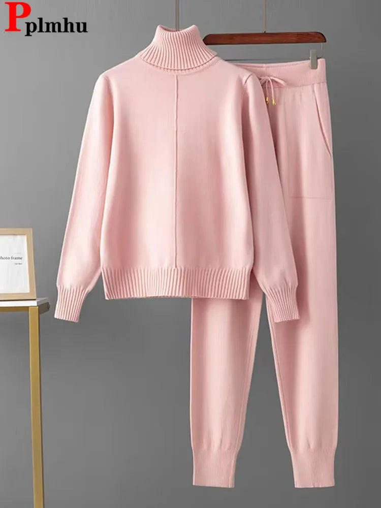 Candy Color Knitted 2 Piece Sets Women Turtleneck Knitwears Sweater Pullover Tops Conjuntos High Waist Casual Harem Pants Outfit