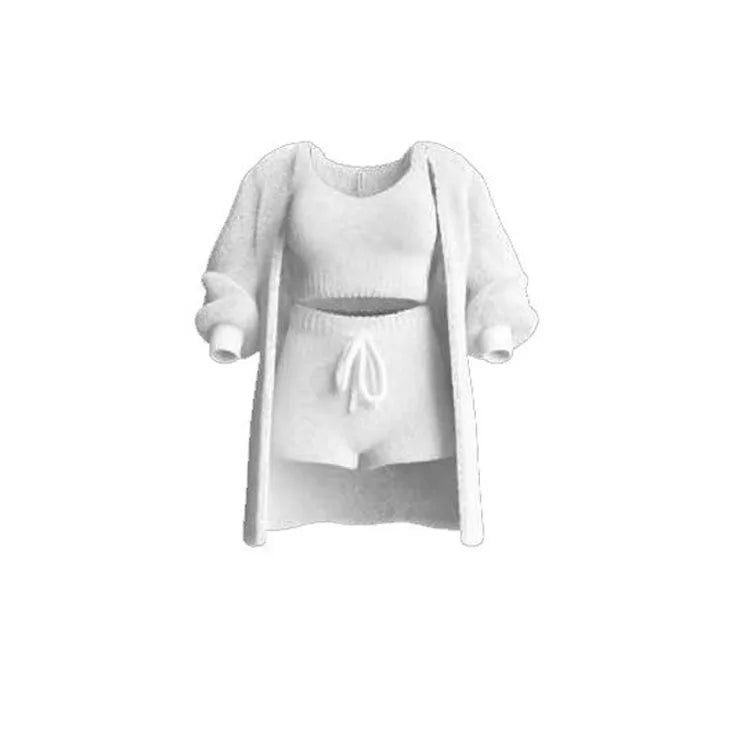 Four Pcs Sets Casual Cropped Tank Tops&High Elastic Drawstring Shorts&Long Sleeve Fleece Knitted Cardigan Coats&Full Trousers