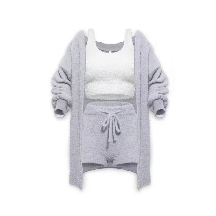 Four Pcs Sets Casual Cropped Tank Tops&High Elastic Drawstring Shorts&Long Sleeve Fleece Knitted Cardigan Coats&Full Trousers