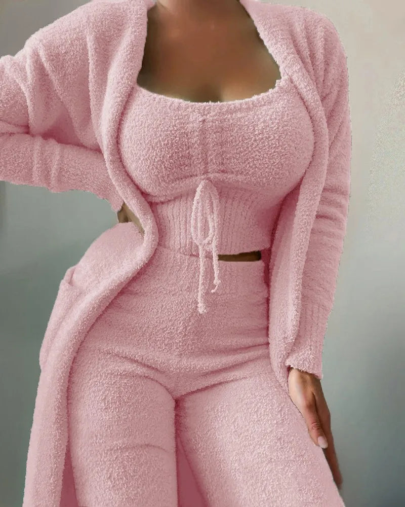 Fashion Plush Lace Up Cardigan 3 Piece Women's Trouser Set Autumn And Winter New Solid Color Asual Warm Home Wear Female Set2025