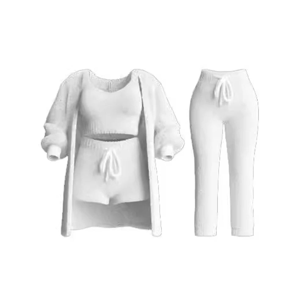 Four Pcs Sets Casual Cropped Tank Tops&High Elastic Drawstring Shorts&Long Sleeve Fleece Knitted Cardigan Coats&Full Trousers