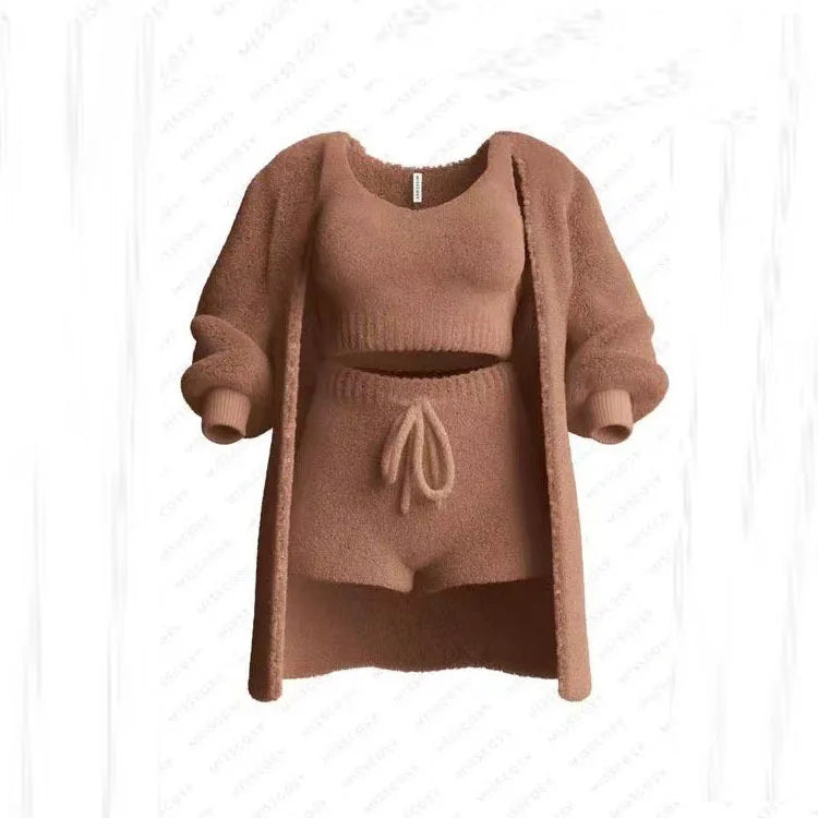 Four Pcs Sets Casual Cropped Tank Tops&High Elastic Drawstring Shorts&Long Sleeve Fleece Knitted Cardigan Coats&Full Trousers