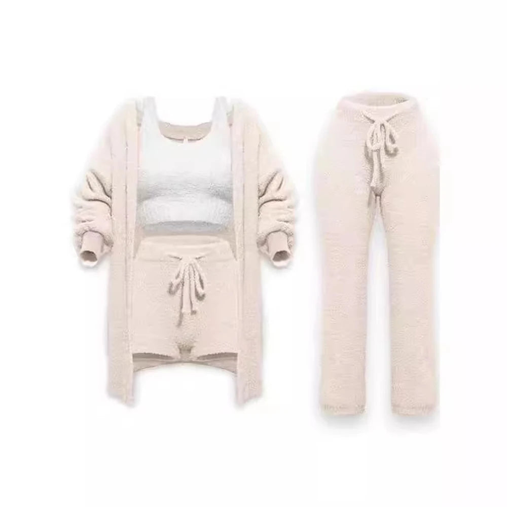 Four Pcs Sets Casual Cropped Tank Tops&High Elastic Drawstring Shorts&Long Sleeve Fleece Knitted Cardigan Coats&Full Trousers